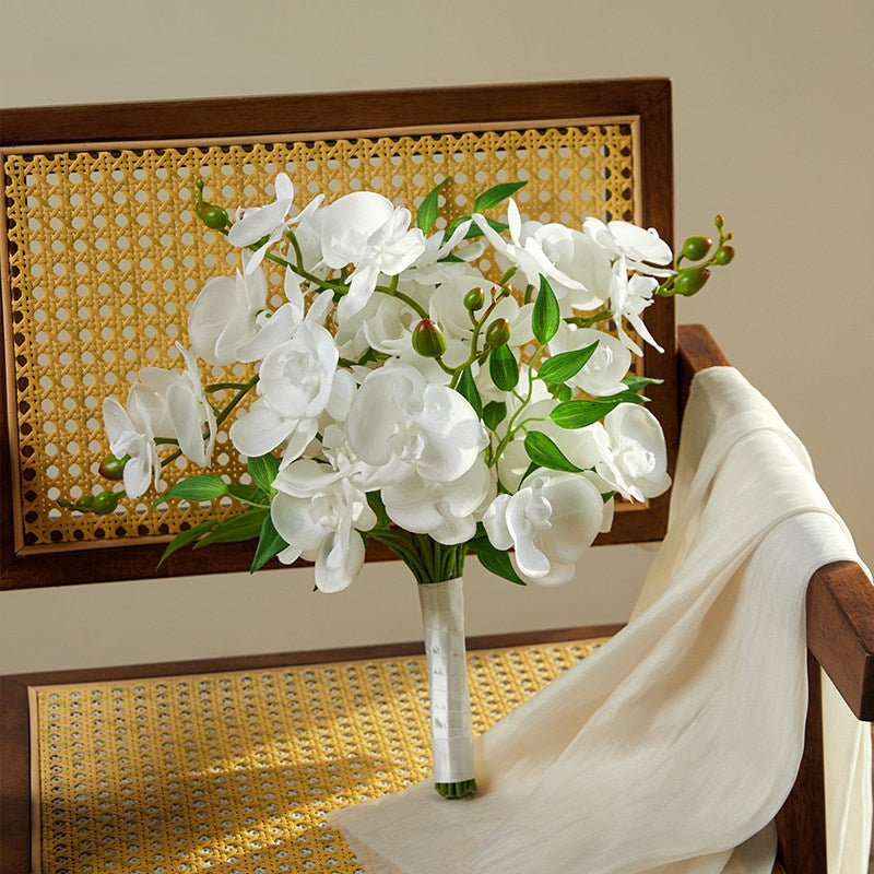 ValarFlower Artificial White Orchid Bridal Bouquet, Elegant Faux Wedding Bouquet with Greenery for Bride, Bridesmaid & Ceremony Photoshoot VB-261