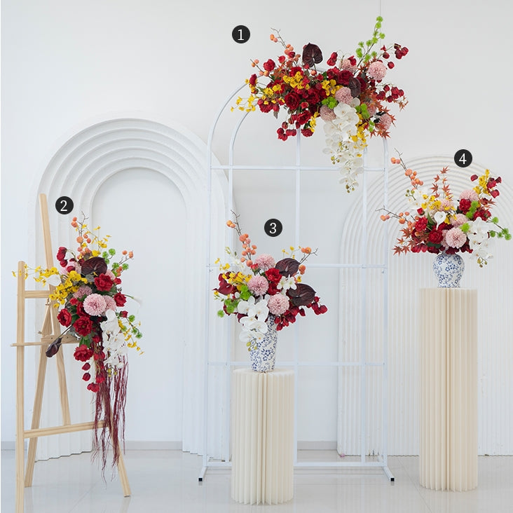 Valar Flower Oriental Style Red Wedding Wall Floral Arrangement Set – Artificial Flower Decoration for Ceremony & Event Backdrop FA-281