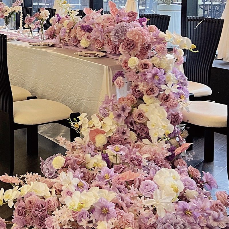 Decoración de boda floral elegante en rosa y lavanda, arreglo de flores artificiales, camino de mesa para recepción FA-219
