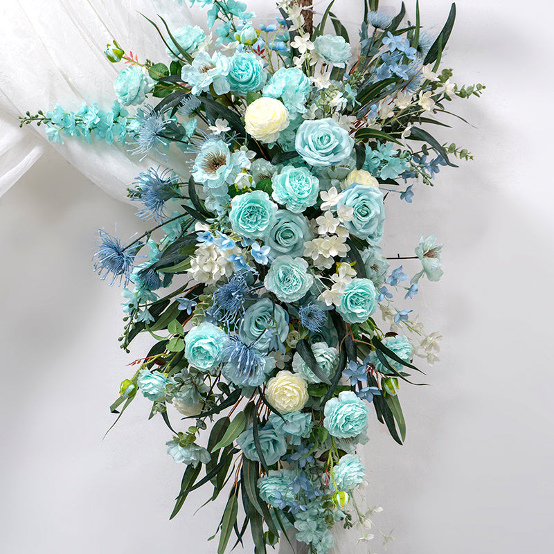 Conjunto de Arco de Boda Artificial en Azul Menta y Blanco – Fondo Floral Romántico para Bodas en la Playa o en Verano FA-262