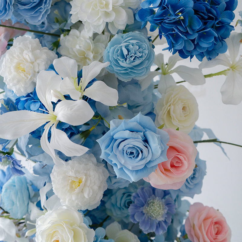 Blue-Pink Theme Elegant Moon Shape Wedding Ceremony Floral Horn Arch - Artificial Flower Arch for Weddings, Events, and Special Occasions VA-309