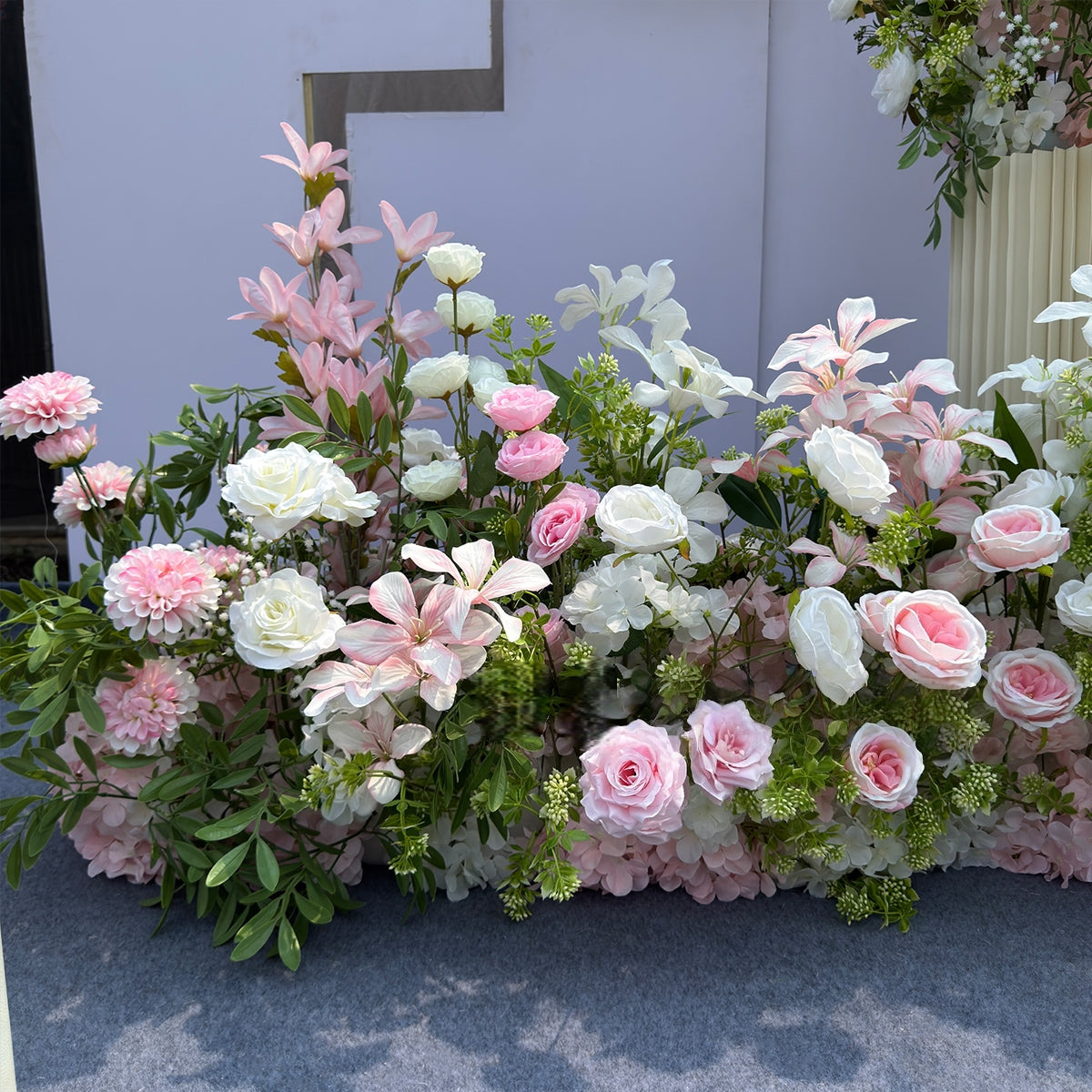 Valar Flower Blush Pink Aisle Floral Runner — Rose Cascade & Faux Orchid Wedding Ceremony Decor WF-117