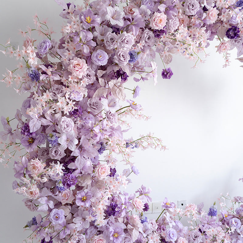 Arco en forma de luna púrpura pastel con flores de seda, instalación floral falsa romántica para ocasiones especiales VA-355