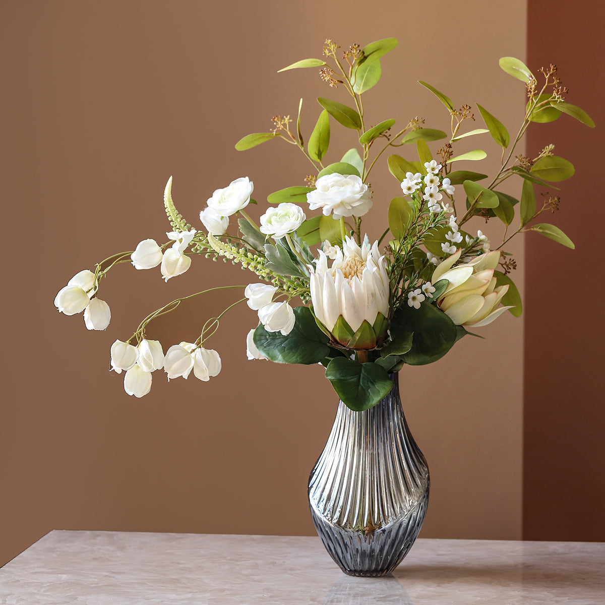 Nordic Style White & Green Silk Flower Bouquet | Minimalist Faux Floral Décor for Home and Event Styling VB-108 (Without Vase)