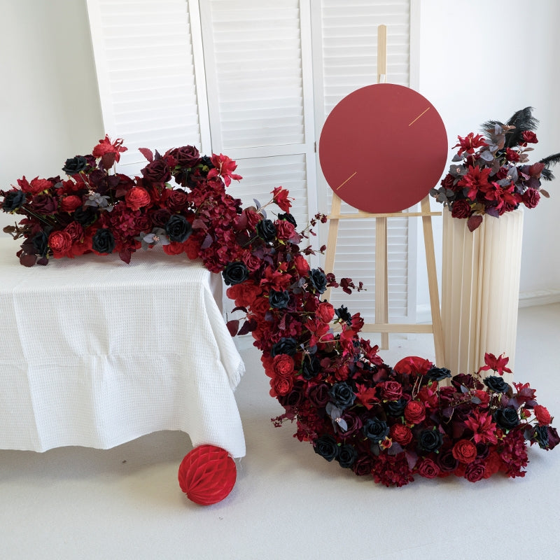 Corredor de mesa de boda floral en rojo intenso y negro, arreglo de flores artificiales, decoración para recepción y exhibición de eventos FA-221