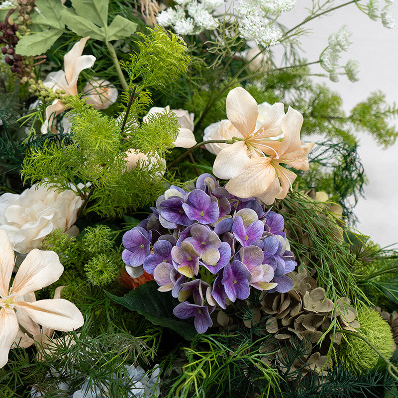 ValarFlower Luxury Cascading Table Floral Arrangement, Artificial Greenery Centerpiece with Purple Hydrangea and White Rose Flowers, Wedding Reception Table Decor, Elegant Event Floral Decoration FA-360