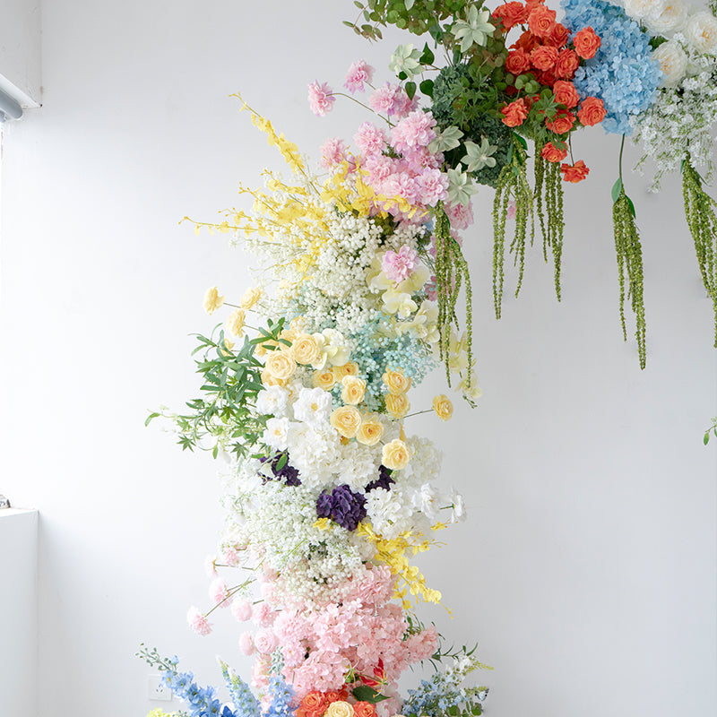 Rainbow-Inspired Artificial Floral Arch – Statement Wedding Backdrop with Bold Color Blocks VA-368