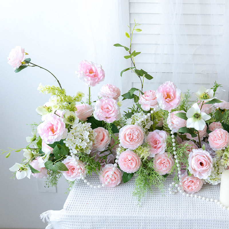 Blush Pink and White Flower Table Runner, Artificial Floral Arrangement for Wedding Reception or Sweetheart Table FA-242
