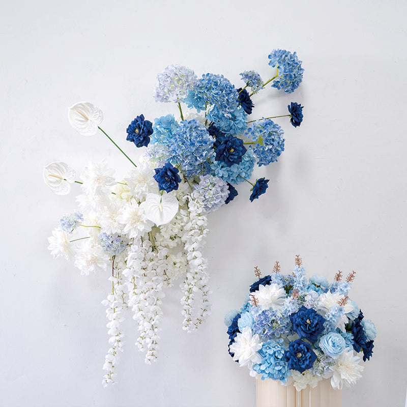 Elegant Blue and White Floral Wedding Decor, Artificial Flower Arrangement, Ceremony Backdrop & Welcome Sign Set FA-208