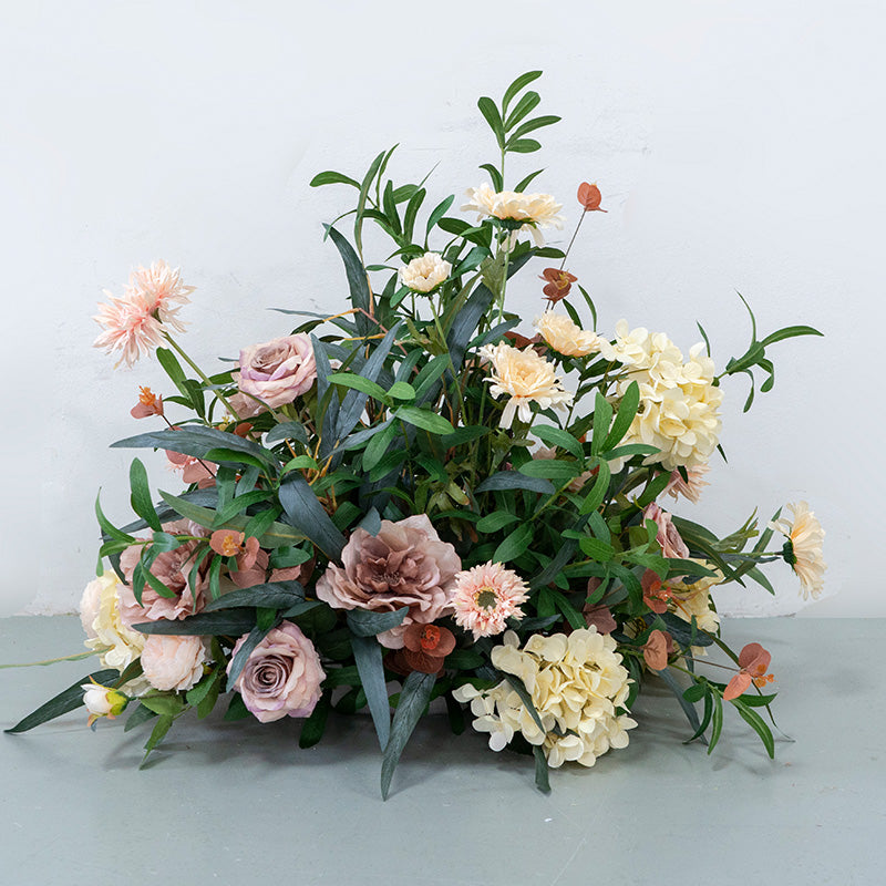 Warm Earth-Tone Faux Floral Display – Boho Event Wall & Floor Decoration with Tropical Gold Palms FA-253