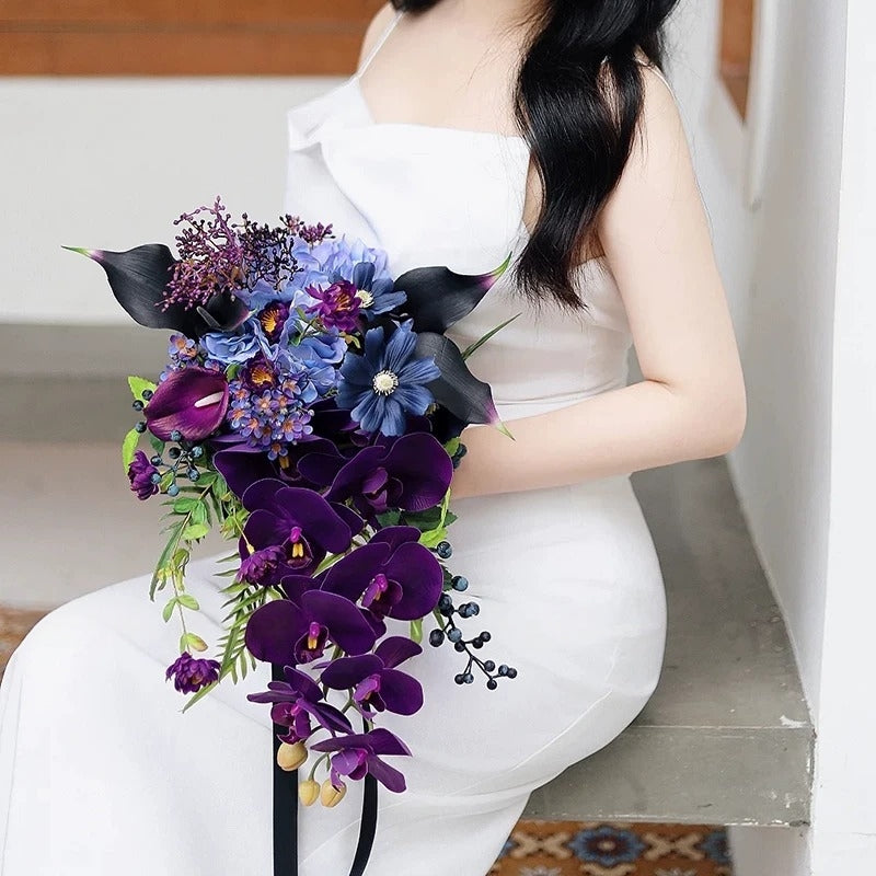 ValarFlower Artificial Bridal Bouquet, Cascading Purple Orchid Wedding Bouquet with Calla Lily & Blue Flowers for Bride Decor VB-319