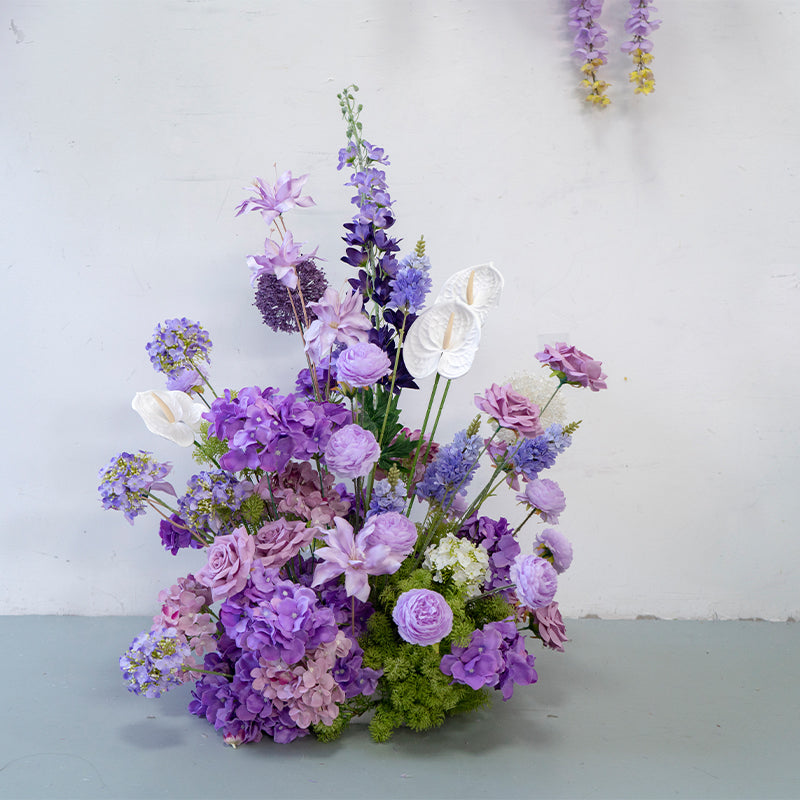 Elegant Purple Floral Wedding Decor, Artificial Flower Arrangement, Ceremony Backdrop & Welcome Sign Set FA-210
