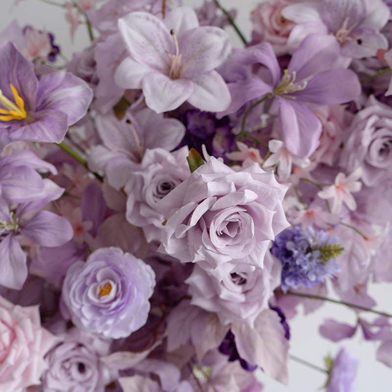 Arco en forma de luna púrpura pastel con flores de seda, instalación floral falsa romántica para ocasiones especiales VA-355