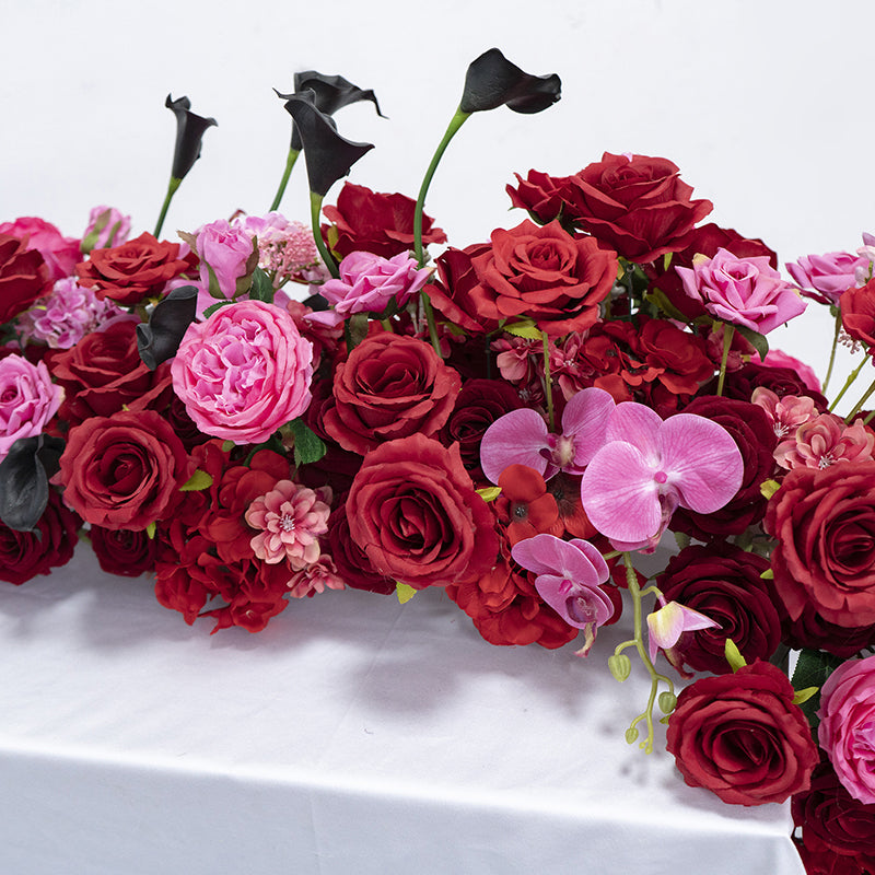 Romantischer Tischläufer mit roten und rosa Blumen für Hochzeiten, künstliches Blumenarrangement, Empfangsdekoration und Event-Display FA-217