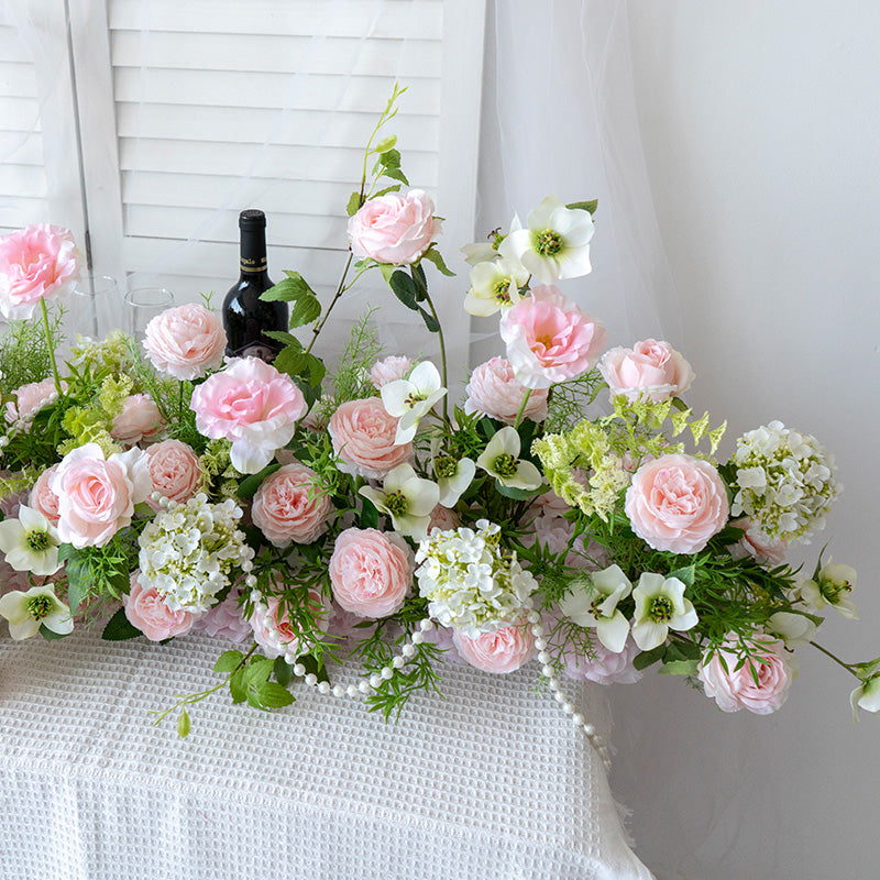 Blush Pink and White Flower Table Runner, Artificial Floral Arrangement for Wedding Reception or Sweetheart Table FA-242