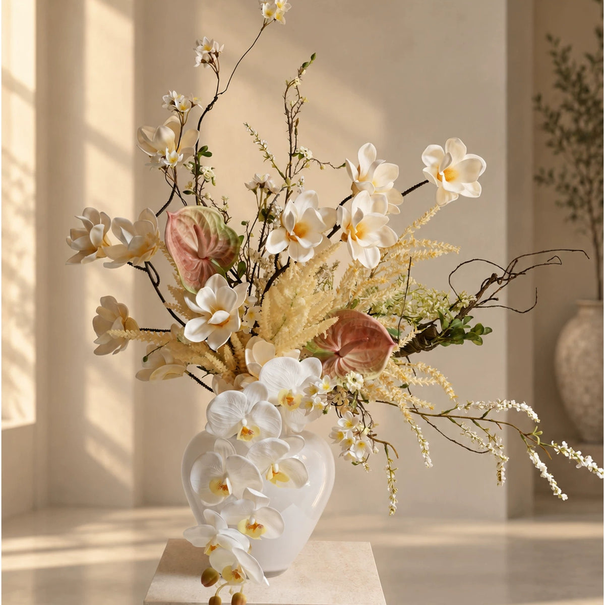 ValarFlower Warm Ivory Artificial Flower Arrangement, Elegant Orchid Anthurium Floral Decor for Wedding and Home VB-314