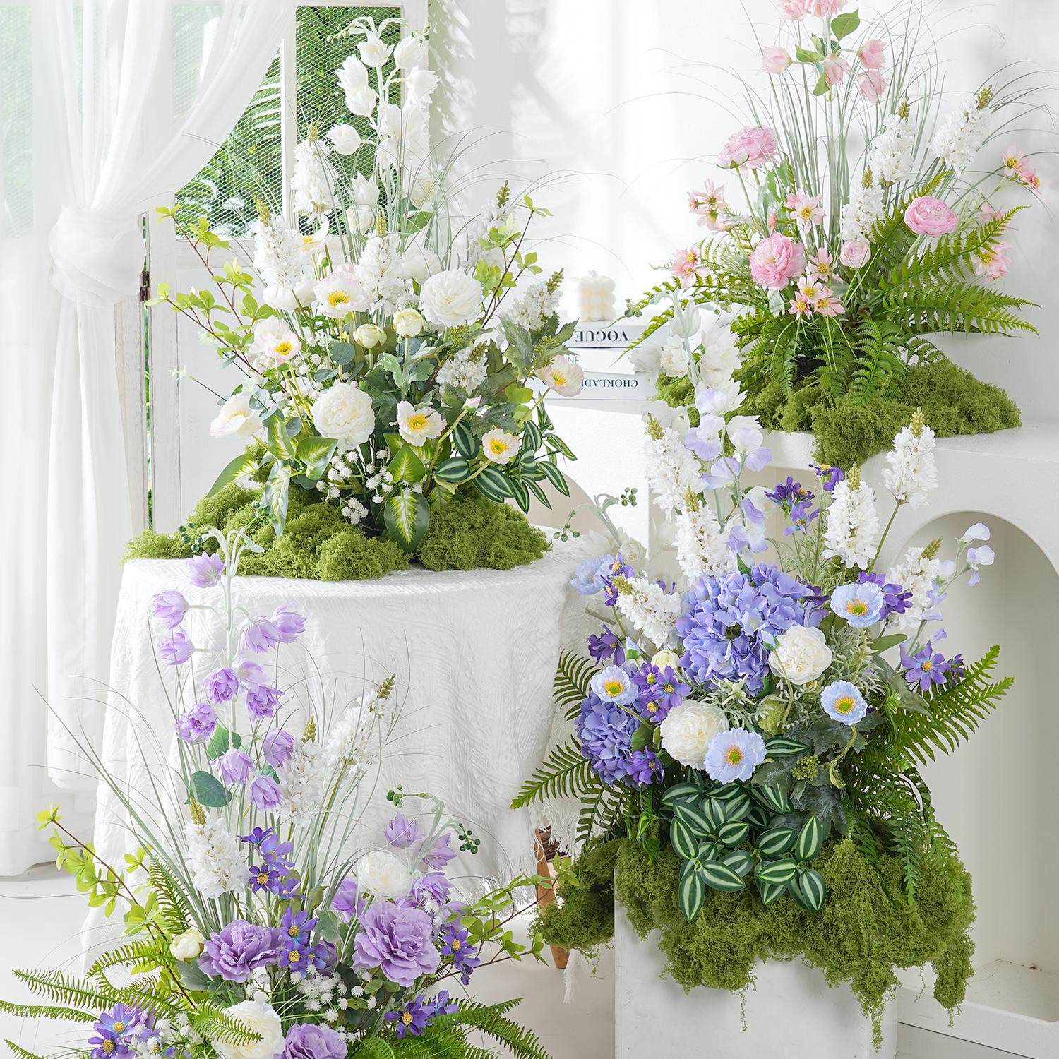 Configuración de flores artificiales inspiradas en la primavera – Conjunto de flores artificiales azules y amarillas para eventos FA-264