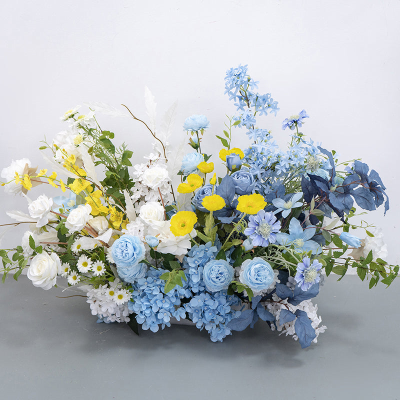 Configuración de flores artificiales inspiradas en la primavera – Conjunto de flores artificiales azules y amarillas para eventos FA-264