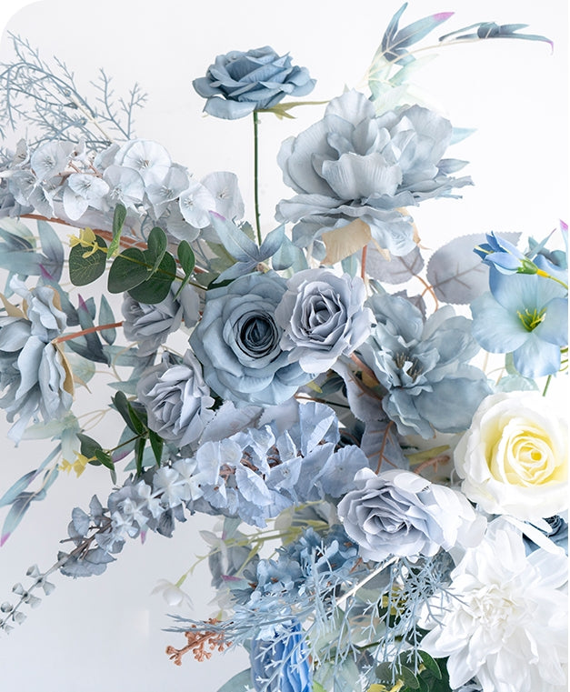 Light Blue Theme Elegant Moon Shape Wedding Ceremony Floral Horn Arch - Artificial Flower Arch for Weddings, Events, and Special Occasions VA-301