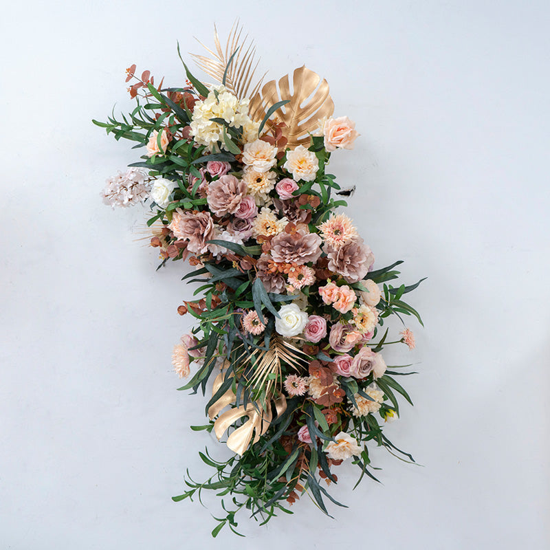 Warm Earth-Tone Faux Floral Display – Boho Event Wall & Floor Decoration with Tropical Gold Palms FA-253