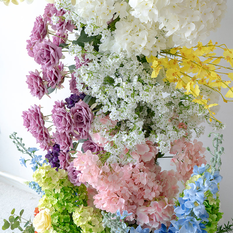 Rainbow-Inspired Artificial Floral Arch – Statement Wedding Backdrop with Bold Color Blocks VA-368