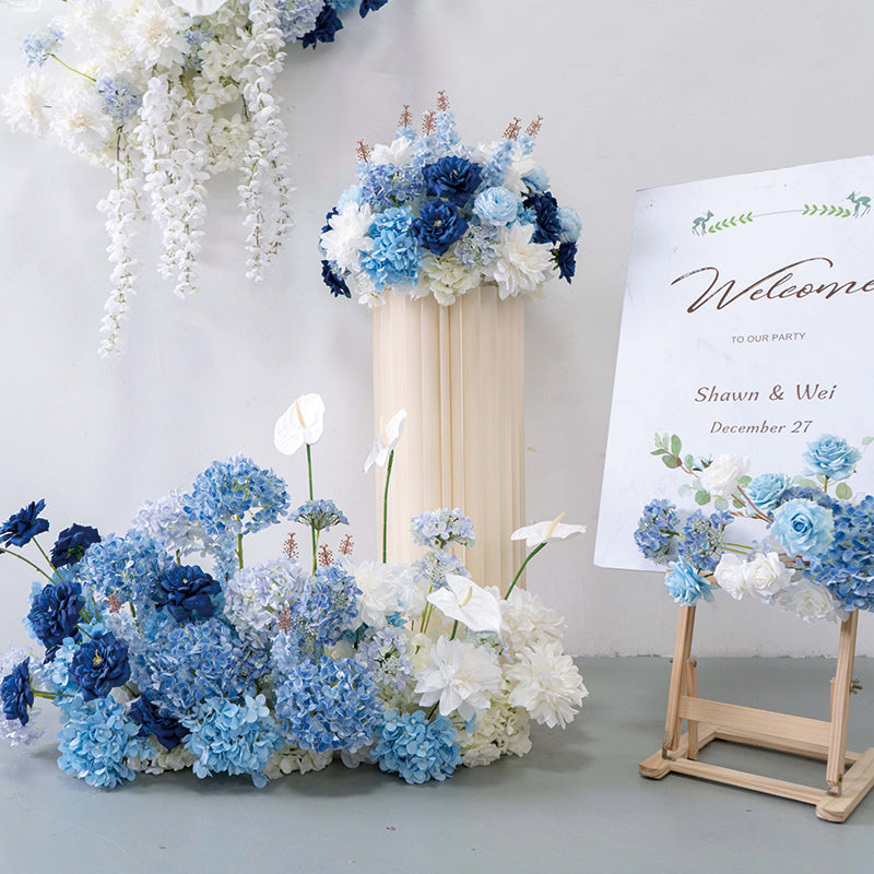 Elegant Blue and White Floral Wedding Decor, Artificial Flower Arrangement, Ceremony Backdrop & Welcome Sign Set FA-208