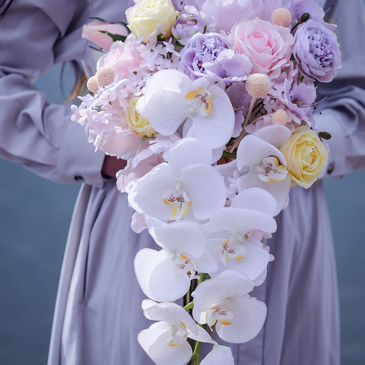 Elegant Cascading Faux Flower Bouquet – Romantic Silk Floral Arrangement for Wedding & Home Décor VB-205 (Without Vase)