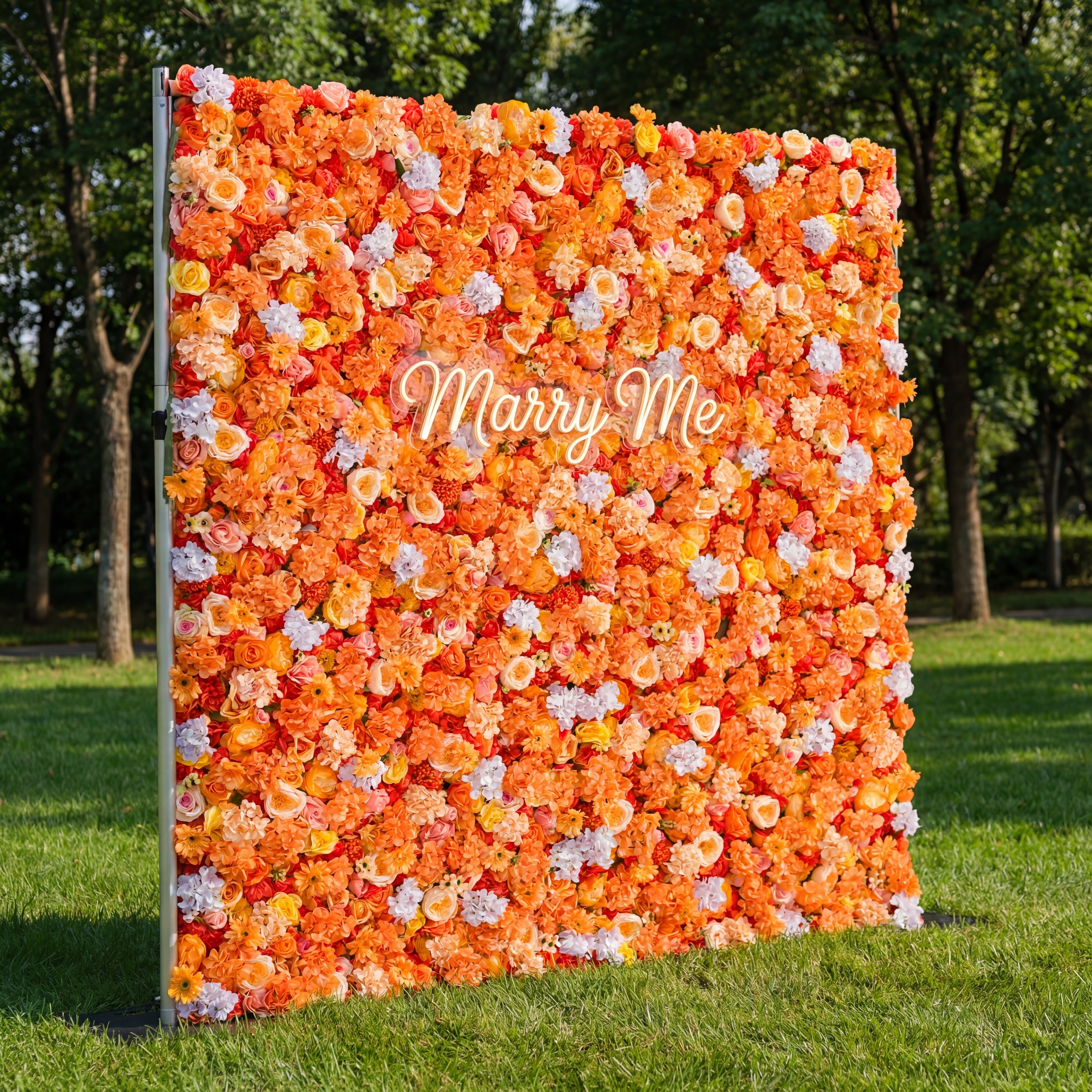 Valar 꽃 롤업 패브릭 인공 파파야 오렌지와 노란색 꽃 벽 웨딩 배경, 꽃 파티 장식, 이벤트 사진-VF-060