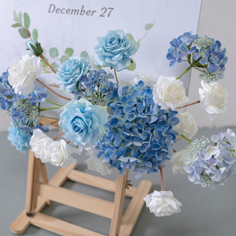 Decoración de boda floral elegante en azul y blanco, arreglo de flores artificiales, fondo para ceremonia y conjunto de cartel de bienvenida FA-208