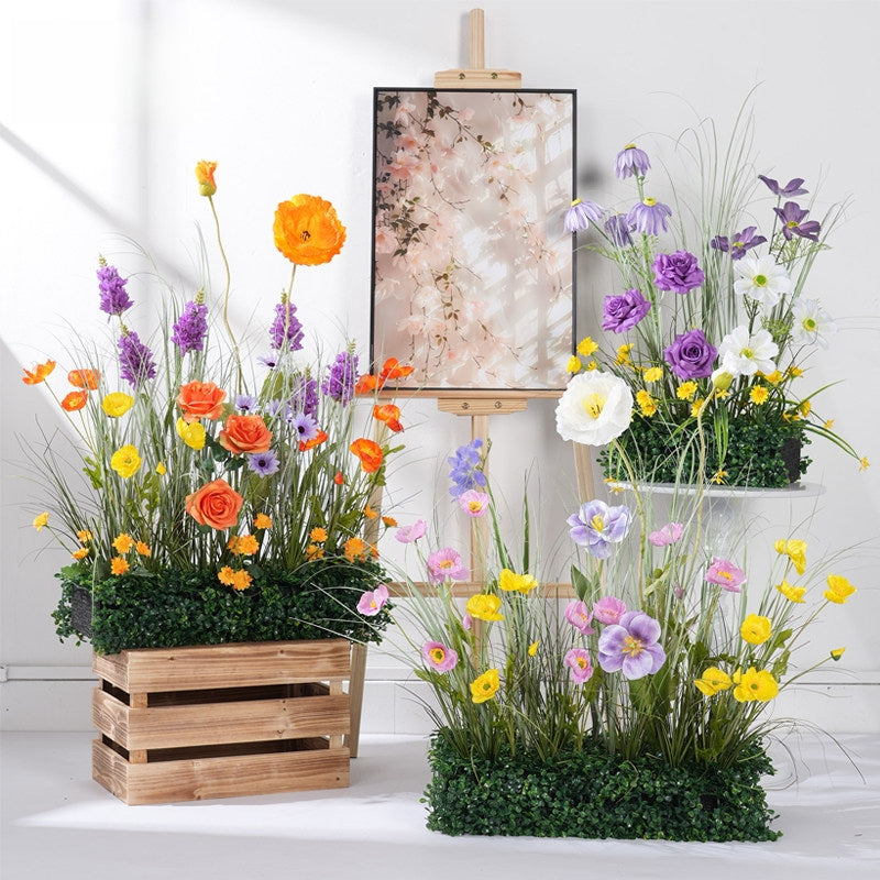 Configuración de flores artificiales inspiradas en la primavera – Conjunto de flores artificiales azules y amarillas para eventos FA-264