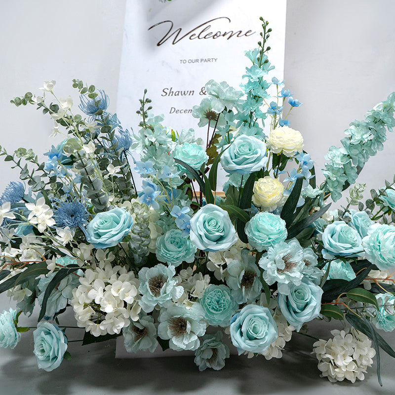 Conjunto de Arco de Boda Artificial en Azul Menta y Blanco – Fondo Floral Romántico para Bodas en la Playa o en Verano FA-262