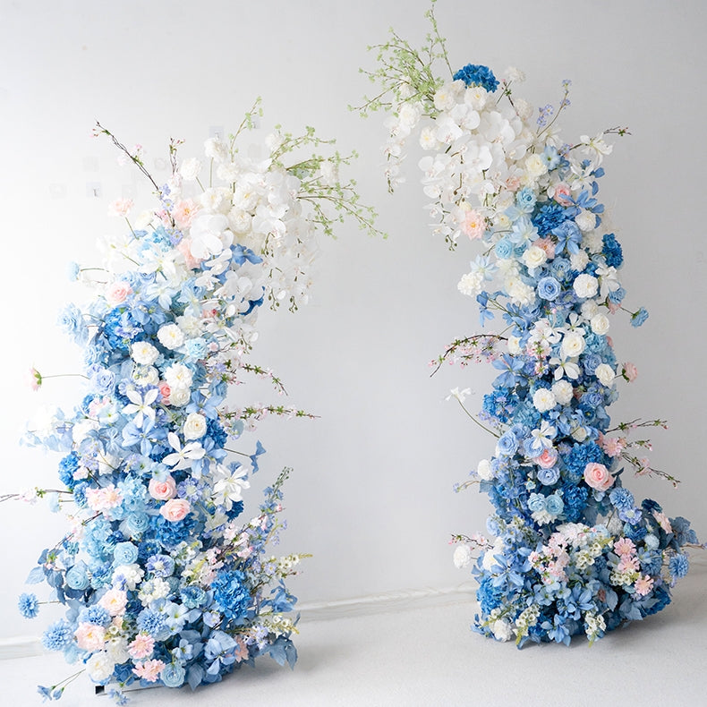 Blue-Pink Theme Elegant Moon Shape Wedding Ceremony Floral Horn Arch - Artificial Flower Arch for Weddings, Events, and Special Occasions VA-309