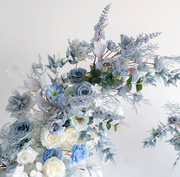 Light Blue Theme Elegant Moon Shape Wedding Ceremony Floral Horn Arch - Artificial Flower Arch for Weddings, Events, and Special Occasions VA-301