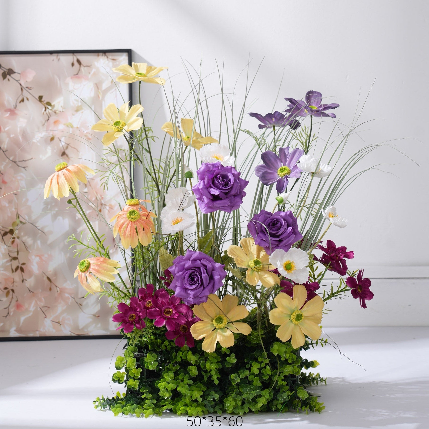 Configuración de flores artificiales inspiradas en la primavera – Conjunto de flores artificiales azules y amarillas para eventos FA-264