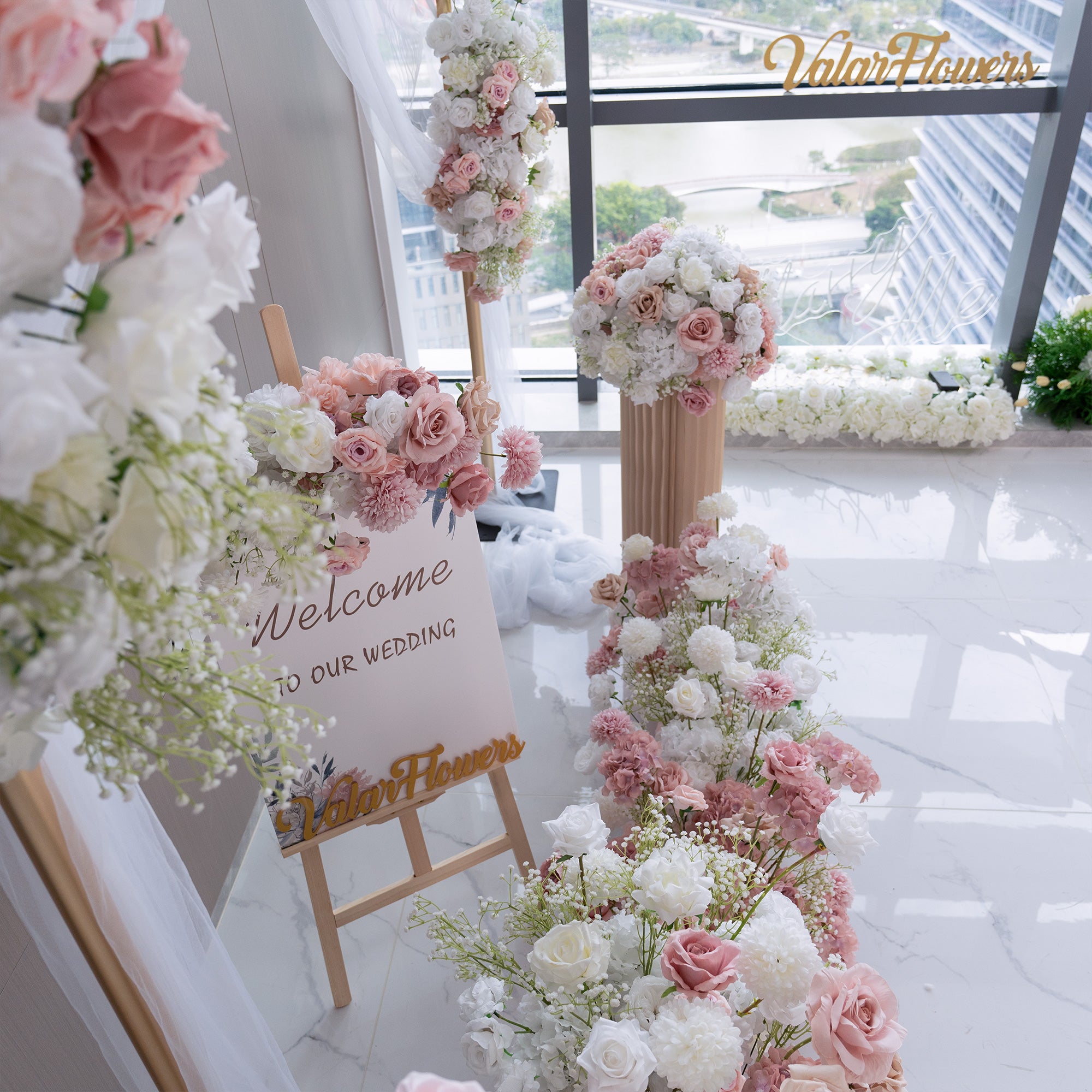 럭셔리 웨딩 꽃 장식 세트 – 인공 꽃 배경, 웰컴 사인 꽃 및 테이블 장식을 위한 우아한 웨딩 장식 VF-418-3