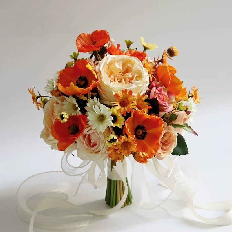 ValarFlower Artificial Bridal Bouquet, Elegant Silk Flower Wedding Bouquet with Ribbon, Romantic Handheld Floral Arrangement VB-323