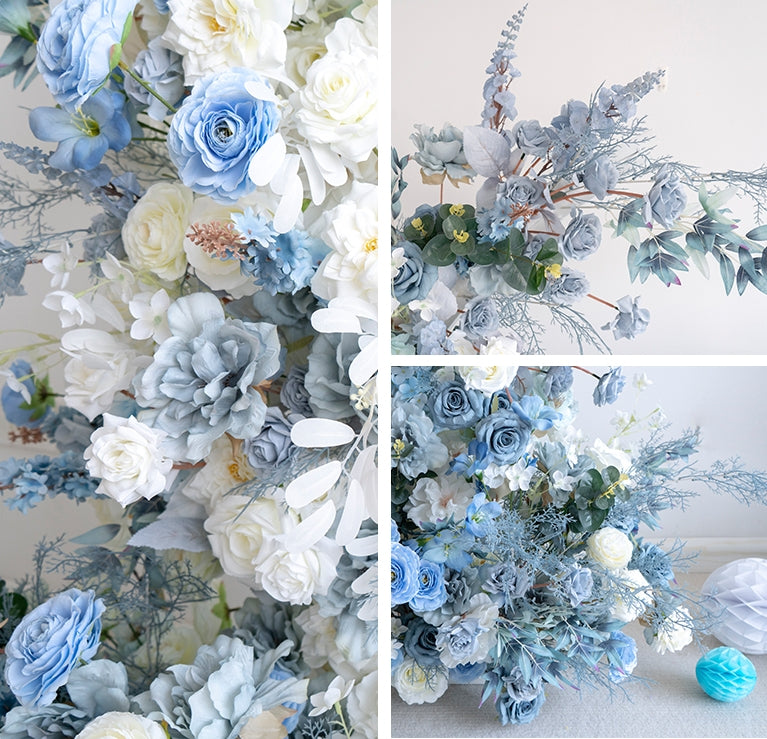 Light Blue Theme Elegant Moon Shape Wedding Ceremony Floral Horn Arch - Artificial Flower Arch for Weddings, Events, and Special Occasions VA-301