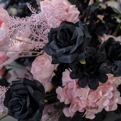 Decoración de boda elegante en negro y rosa con flores, arreglo de flores artificiales, fondo para ceremonia FA-212