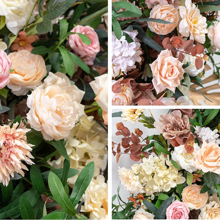 Warm Earth-Tone Faux Floral Display – Boho Event Wall & Floor Decoration with Tropical Gold Palms FA-253