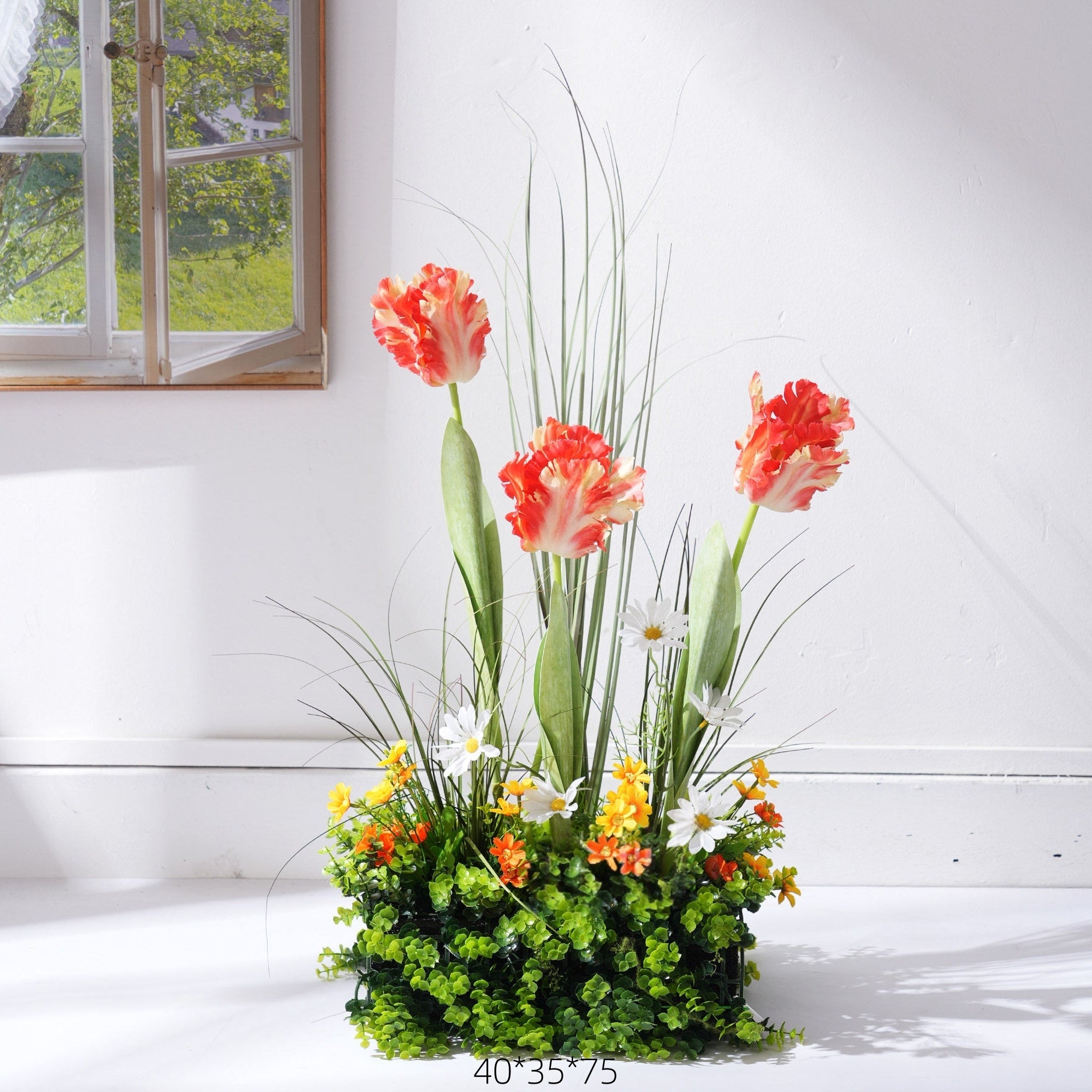 Configuración de flores artificiales inspiradas en la primavera – Conjunto de flores artificiales azules y amarillas para eventos FA-264