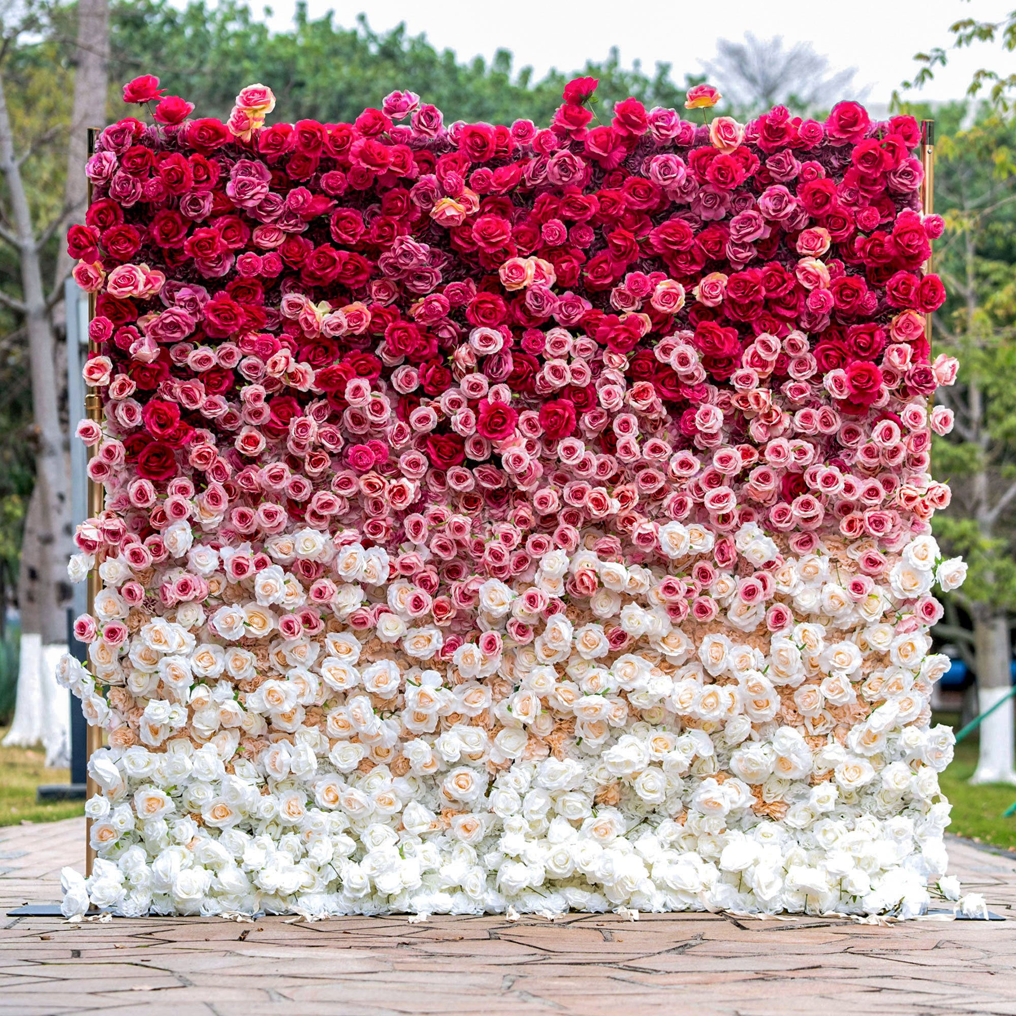 Valar 꽃 롤업 패브릭 인공 빨간색 흰색 그라데이션 꽃 벽 웨딩 배경, 꽃 파티 장식, 이벤트 사진-VF-372