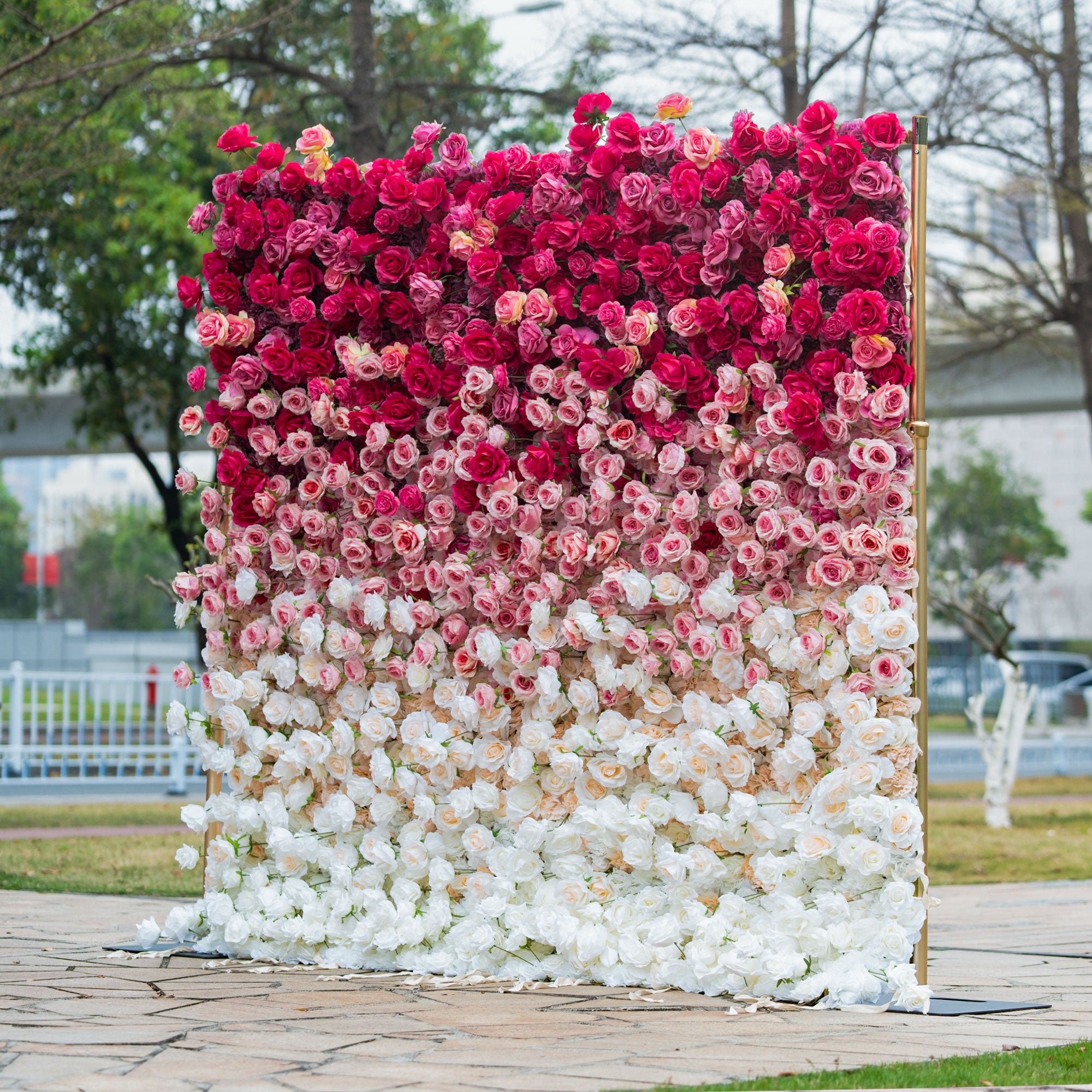 Valar 꽃 롤업 패브릭 인공 빨간색 흰색 그라데이션 꽃 벽 웨딩 배경, 꽃 파티 장식, 이벤트 사진-VF-372