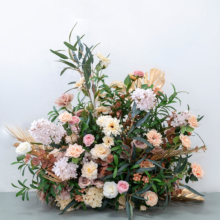 Warm Earth-Tone Faux Floral Display – Boho Event Wall & Floor Decoration with Tropical Gold Palms FA-253