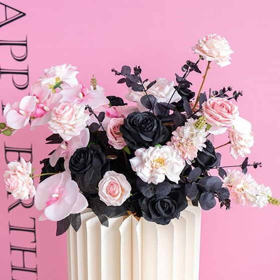 Black and Pink Artificial Flower Set – Modern Birthday Party Backdrop Decor with Faux Floral Arrangement FA-255