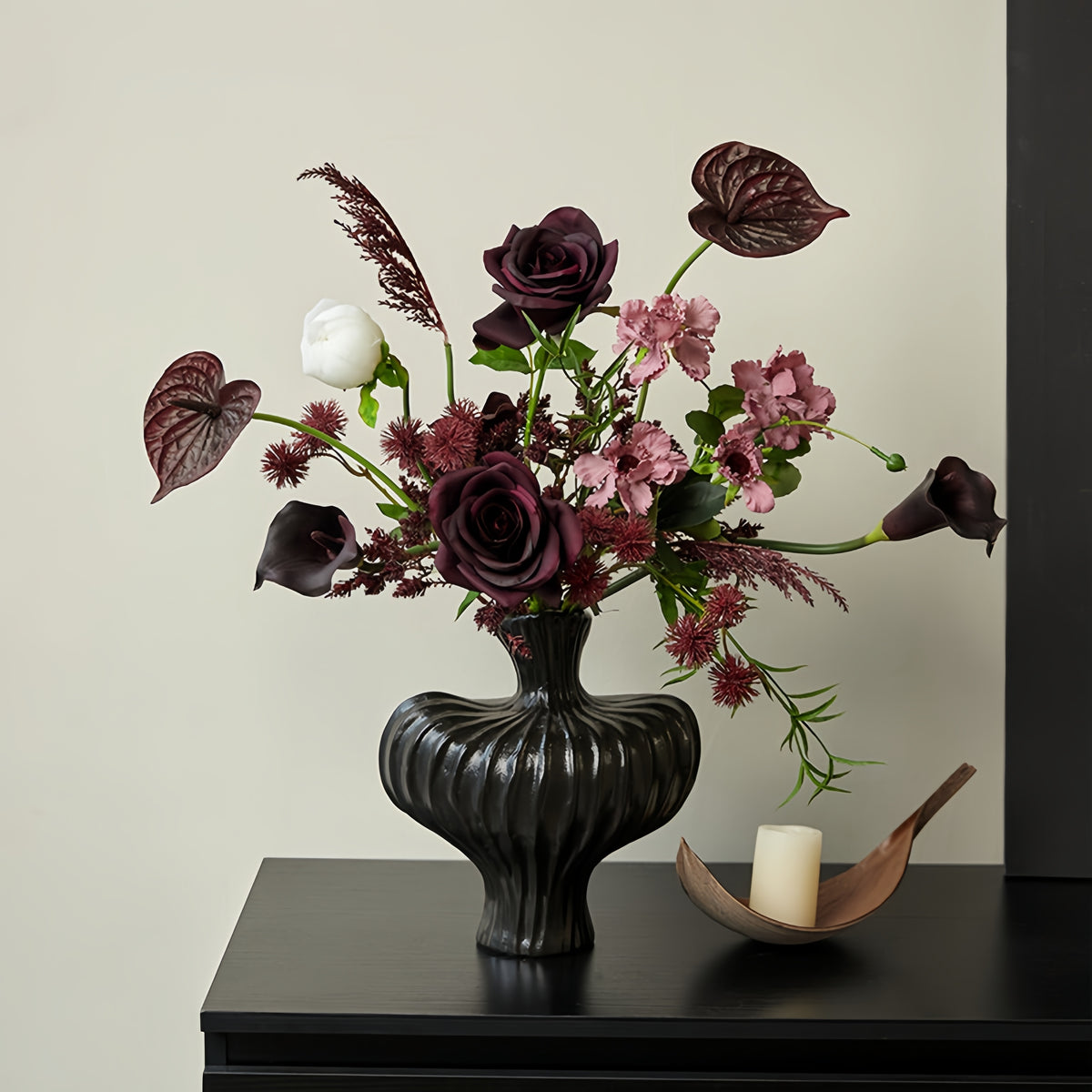 ValarFlower Dark Burgundy Artificial Bridal Bouquet, Moody Rose Wedding Bouquet with Calla Lily and Anthurium VB-255