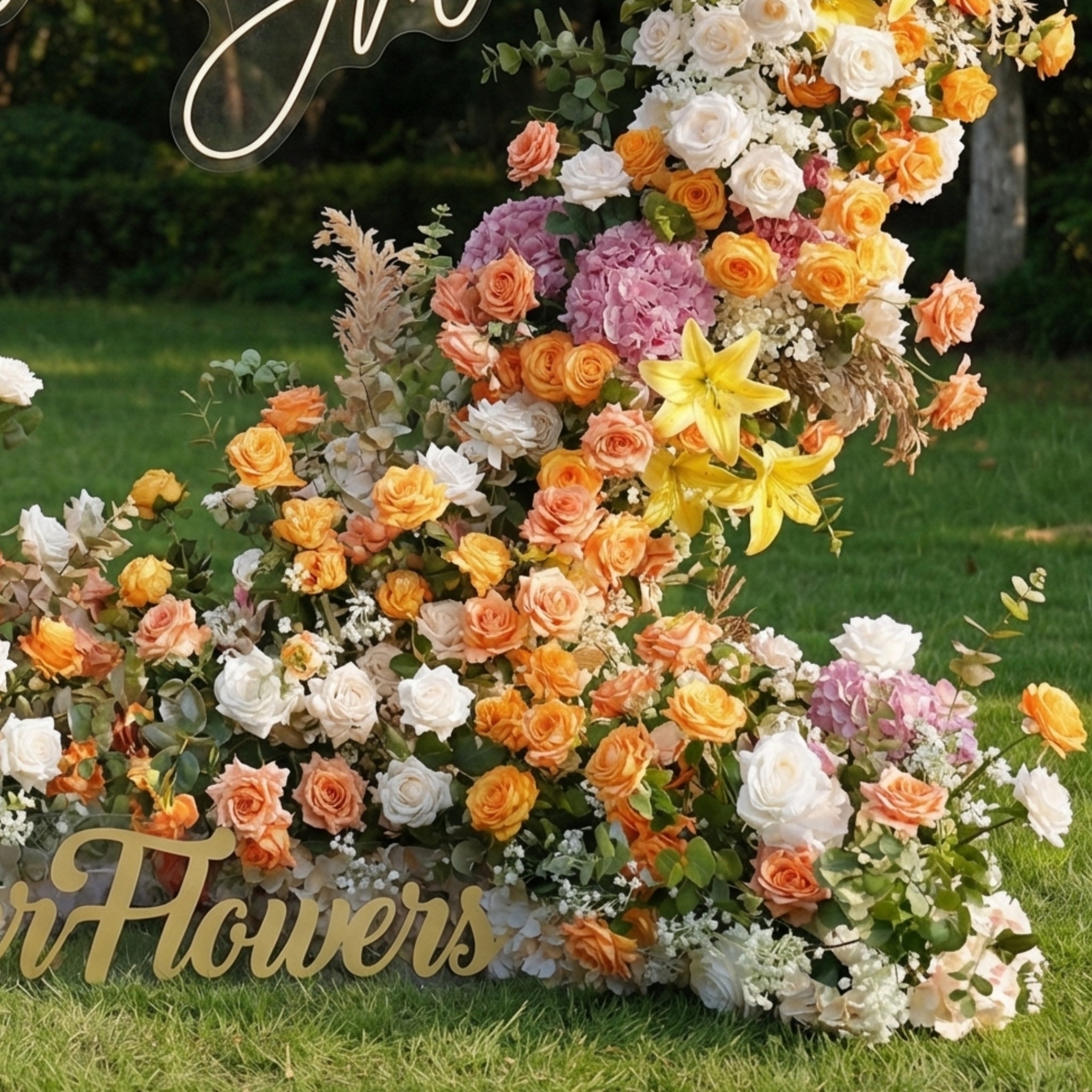 Valar Flower Heart-Shaped Sunset Floral Arch | Orange, Yellow & Blush Proposal Backdrop for Wedding & Outdoor Events HA-407