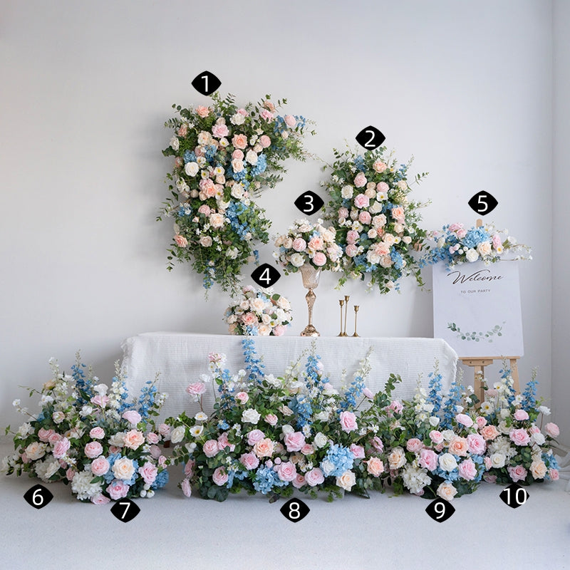 우아한 파란색과 흰색 꽃 장식 결혼식 아치, 인공 꽃 배열, 의식 배경 및 이벤트 장식 FA-211