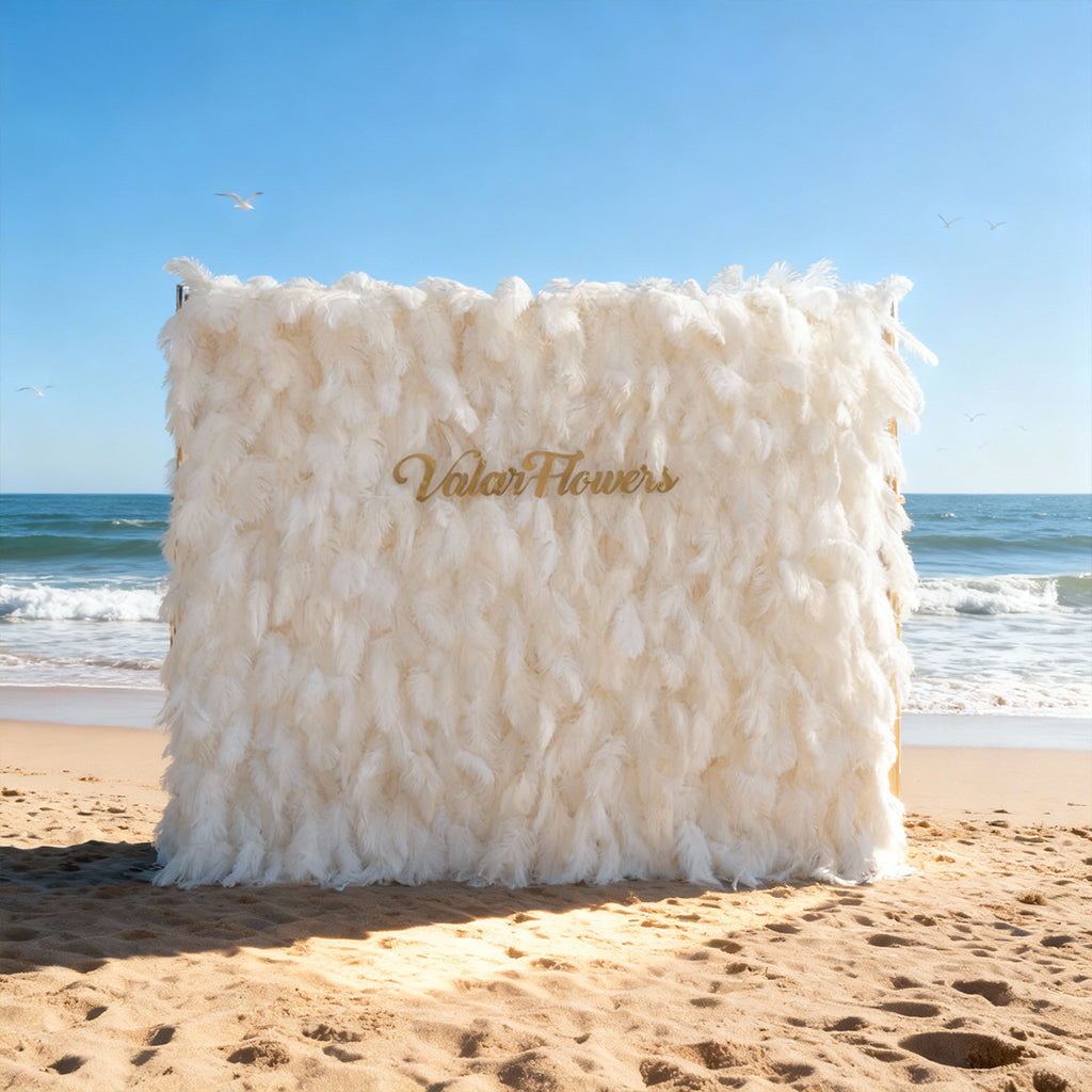 우아한 흰색 타조 깃털 벽 배경 - 롤업 패브릭 벽 - 신부 파티 장식 - 결혼식 장소 축하 꽃 벽 -VF-164