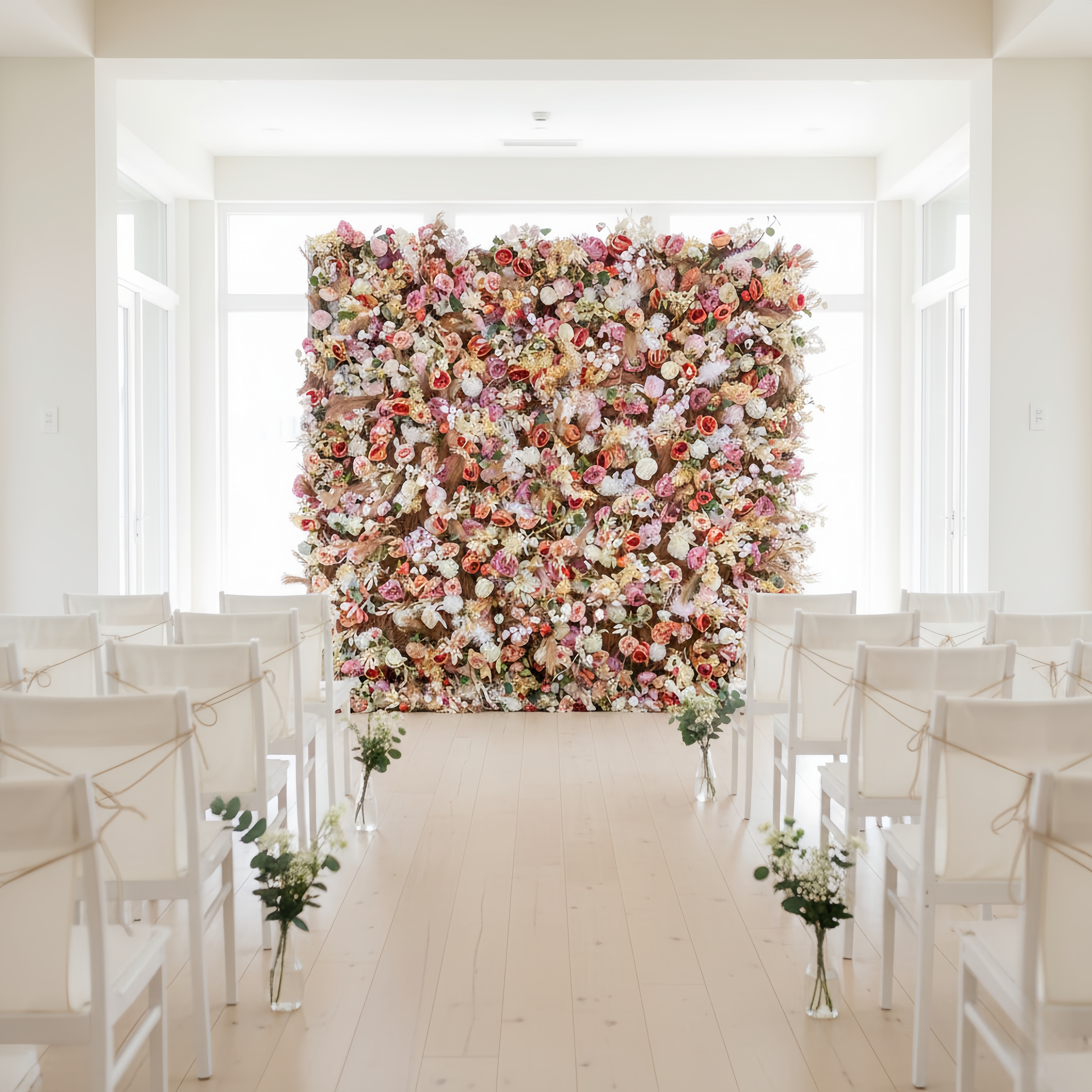 Floral wall installation in a wedding ceremony setting with white chairs and decor.