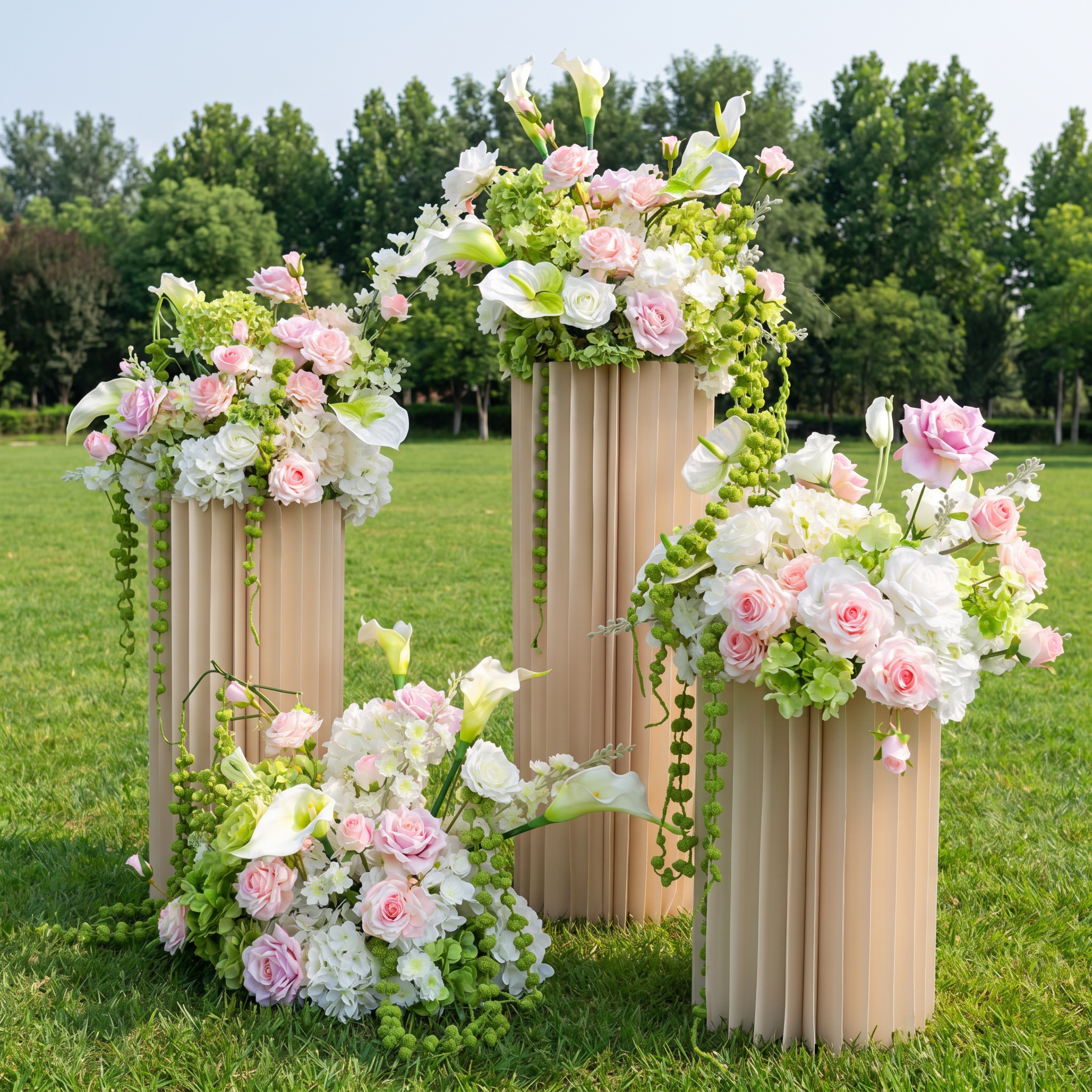 ValarFlower Artificial Floral Wedding Column Set, Pink White Flower Arrangement for Ceremony Aisle, Outdoor Wedding & Event Decor FA-351